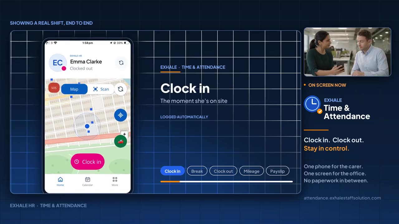 A manager showing a colleague the Exhale app on her phone