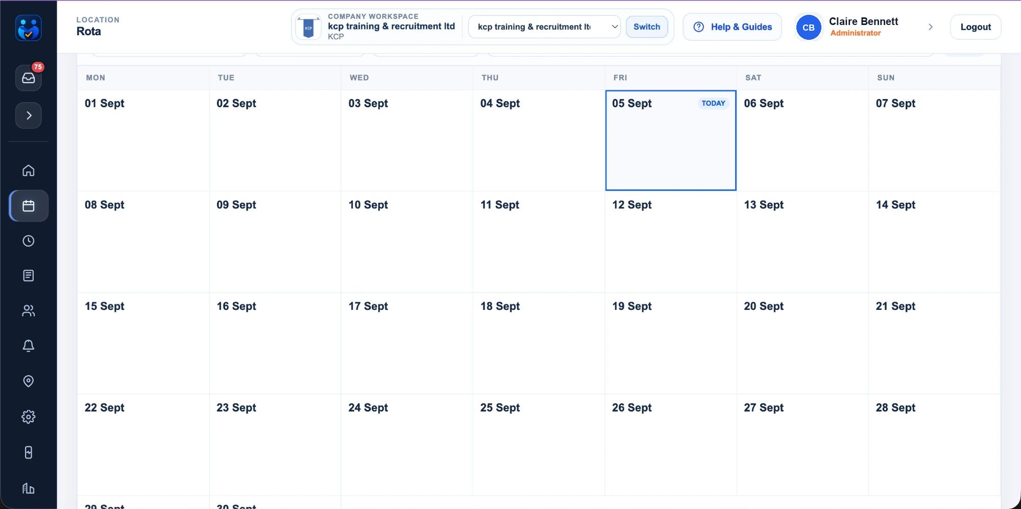 The real Exhale HR rota, September, month view