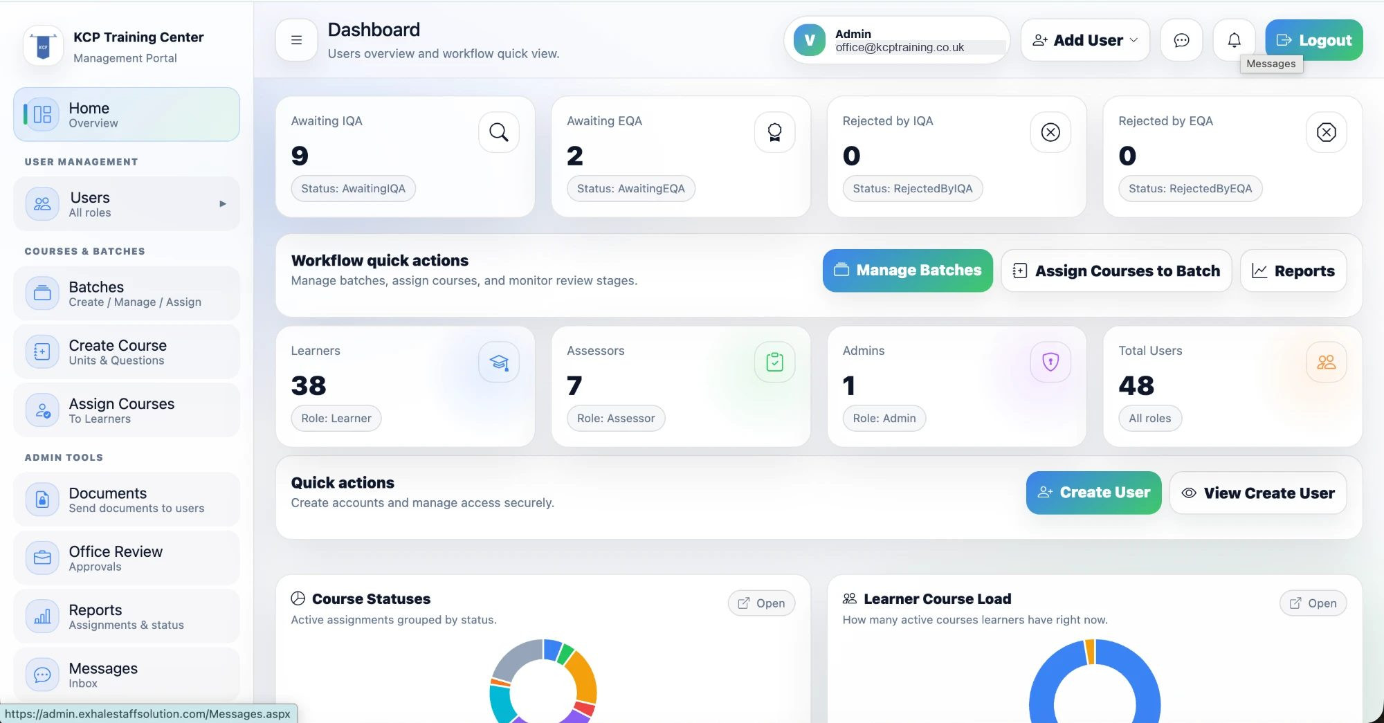 The real KCP Training Center admin dashboard