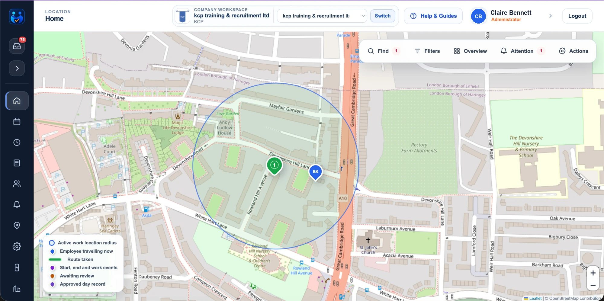 The real Exhale live map: a work location radius on the map with an employee inside it