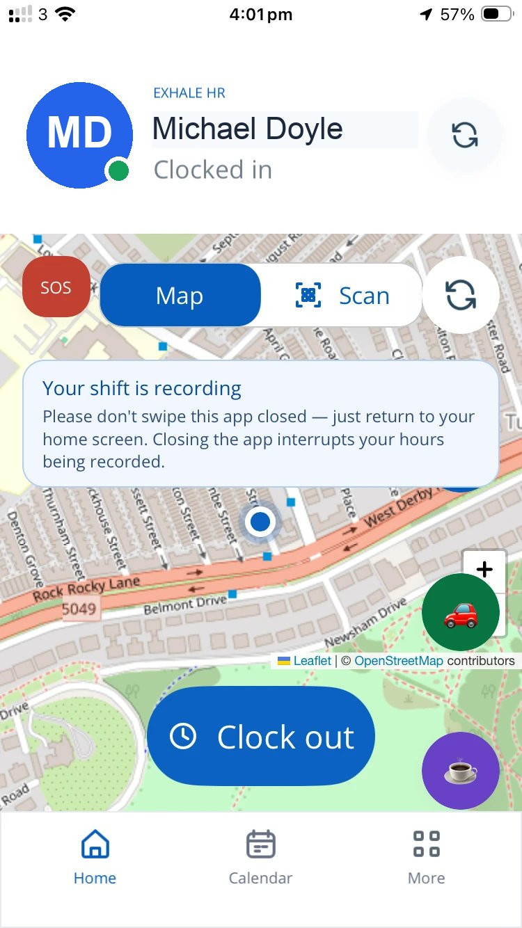 The real Exhale app, clocked in, the shift recording
